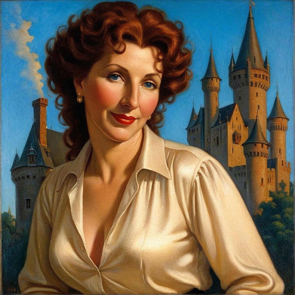 Portrait of a woman with red hair by a fairy-tale castle