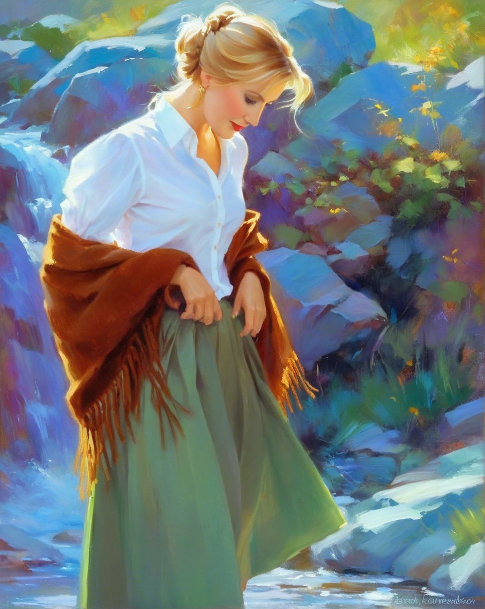 Young Woman by Gentle Stream in Serene Outdoor Scene