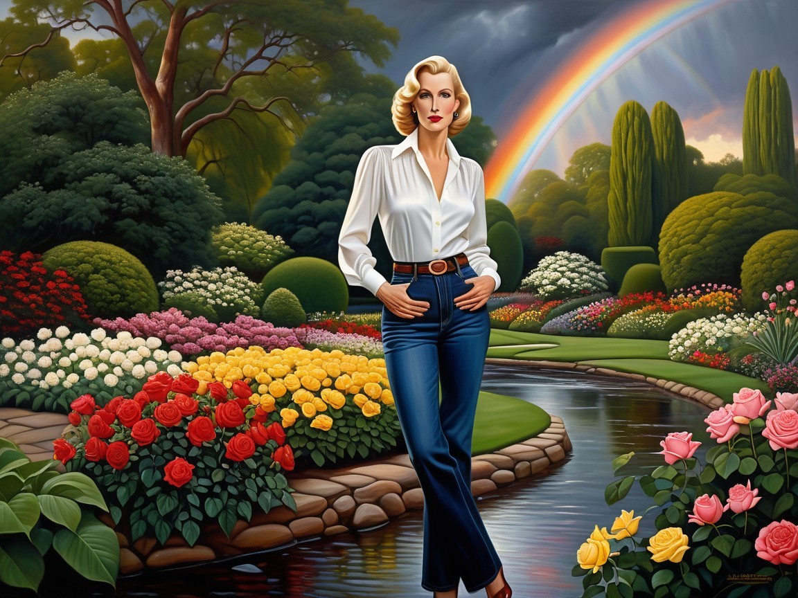 Serene garden scene with woman by tranquil river