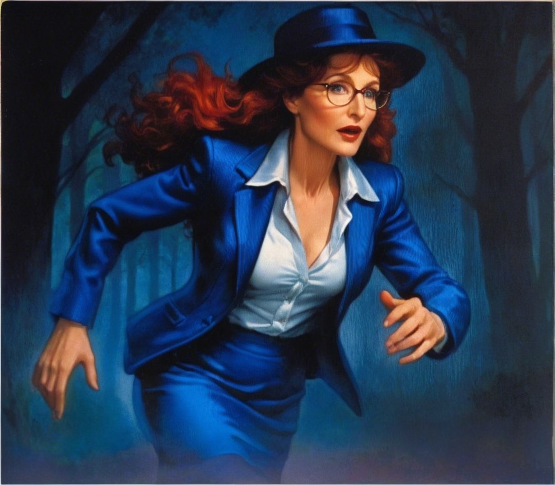 Woman in Blue Suit Hurries Through Dark Forest
