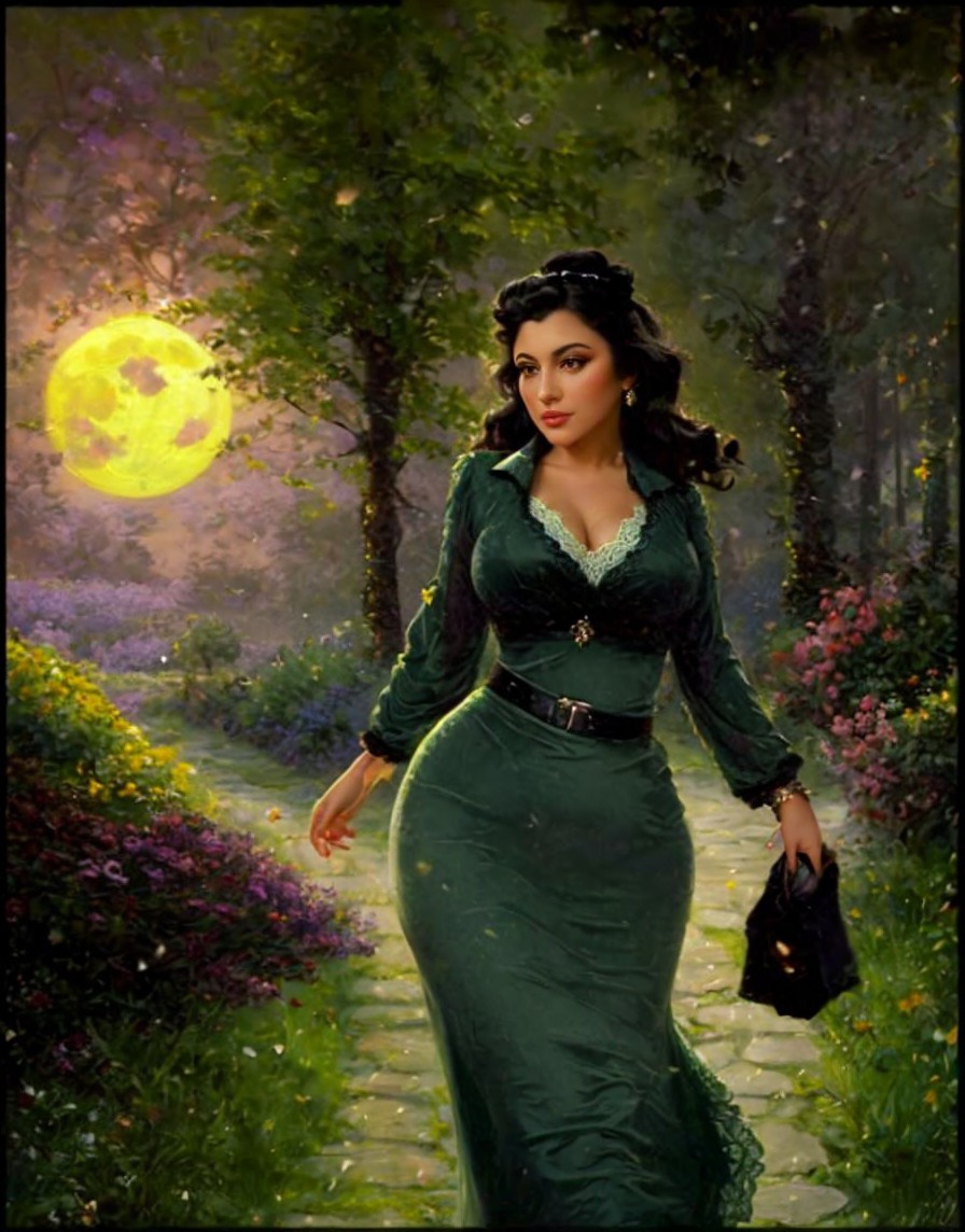 Woman in Green Dress on Moonlit Flower Path