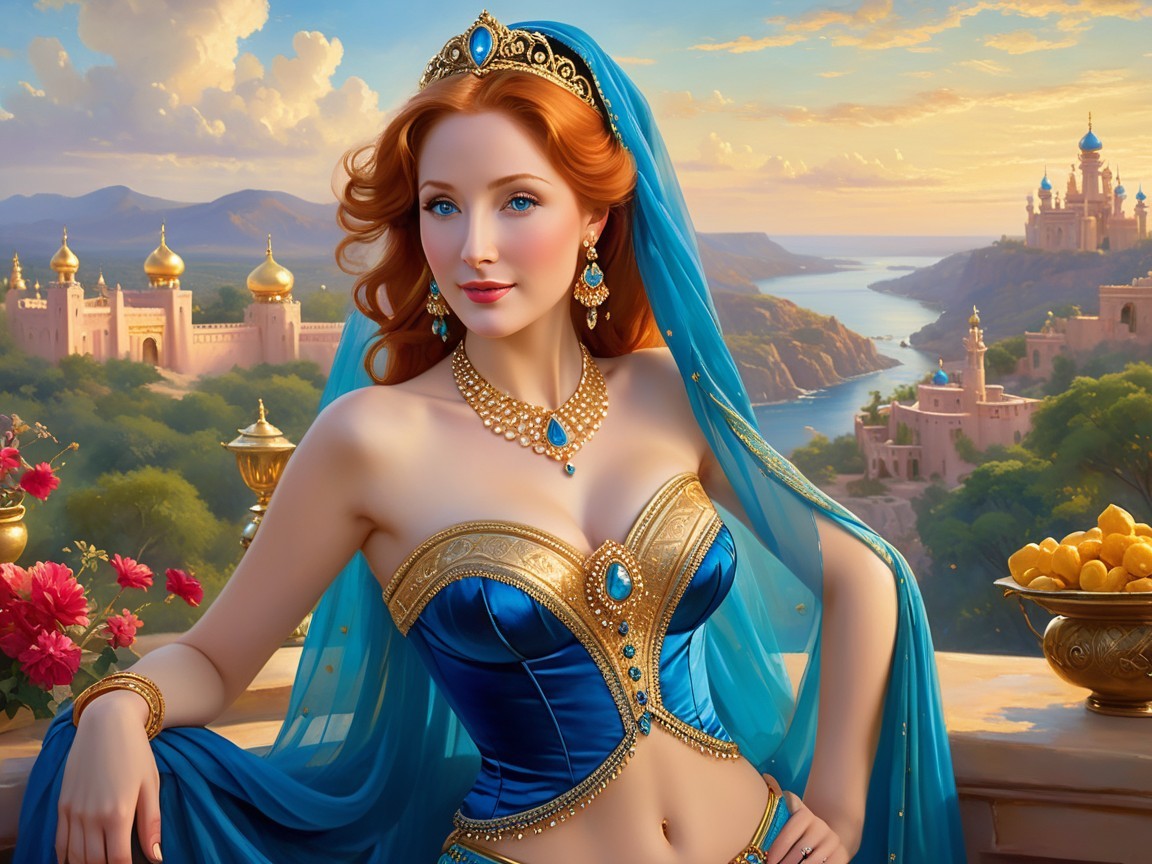 Elegant Woman in Blue and Gold Outfit with Palace Background