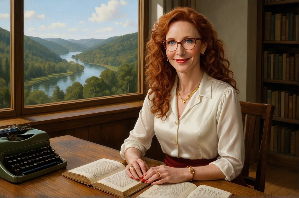 Woman with Red Hair at Desk Overlooking Mountains