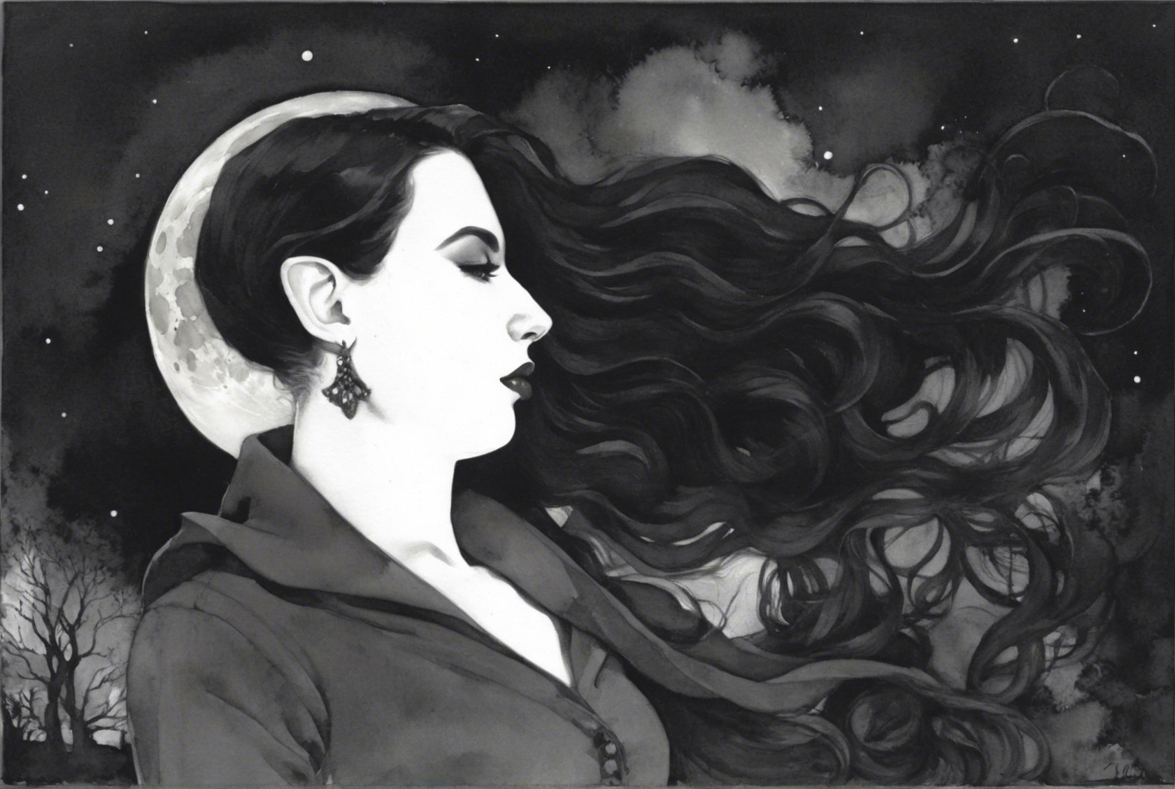 Monochrome Portrait of Woman Against Night Sky