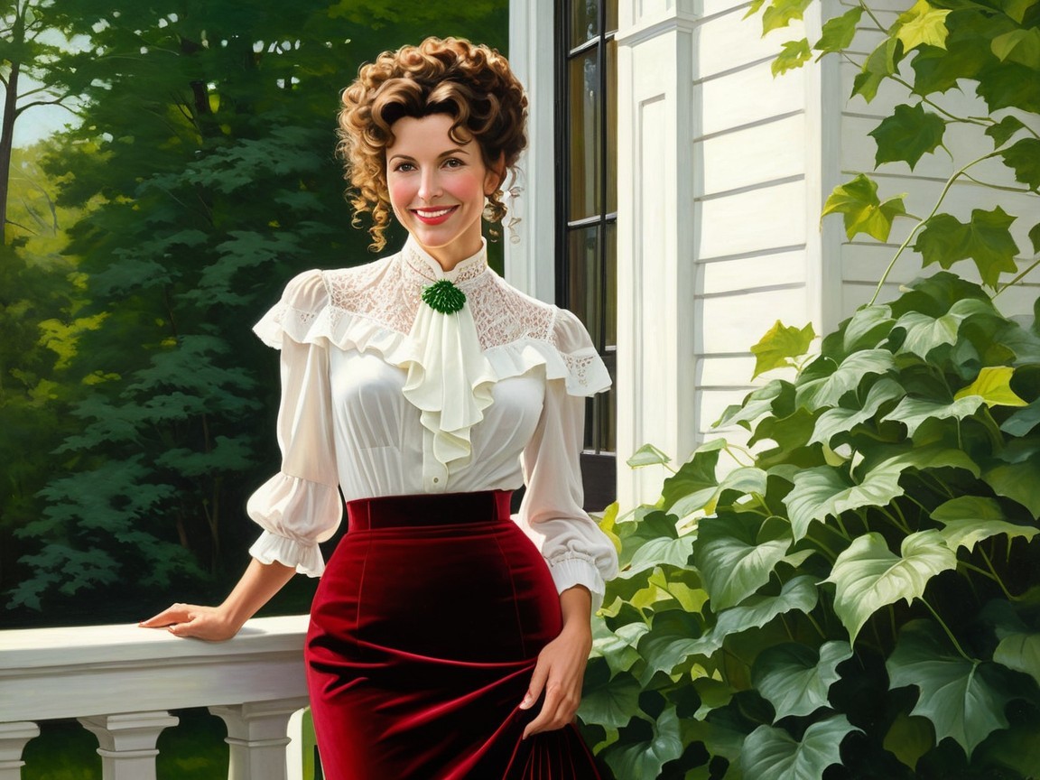 Elegant Woman in Vintage Attire on a Porch
