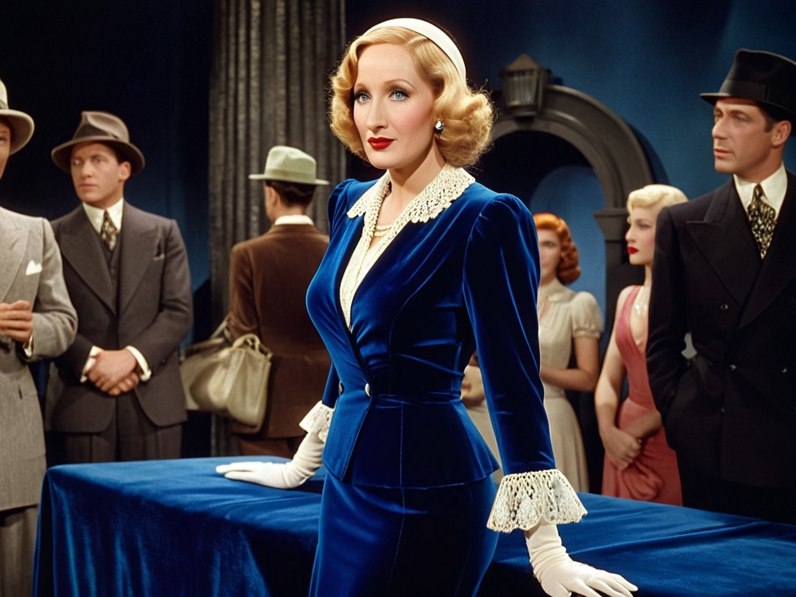 Glamorous Woman in Blue Velvet Dress with Vintage Onlookers