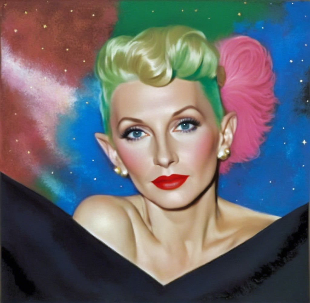 Portrait of a woman with vibrant green and pink hair