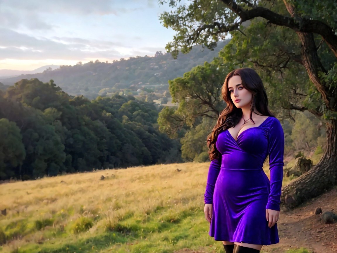 Woman in purple dress amid lush green landscape