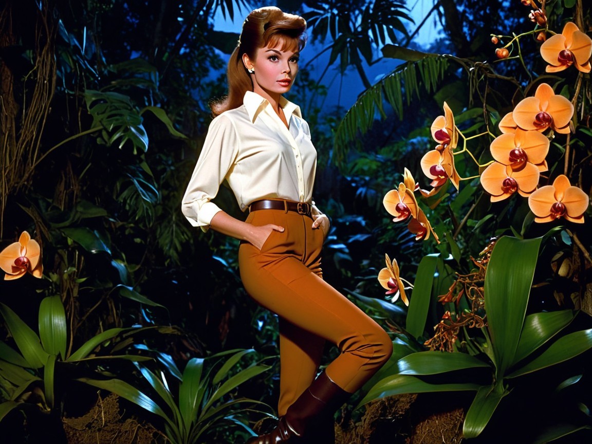 Woman in Tropical Setting with Yellow Orchids