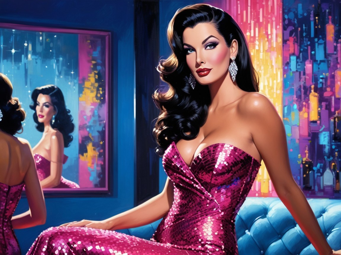 Glamorous Woman in Pink Sequined Dress on Blue Couch