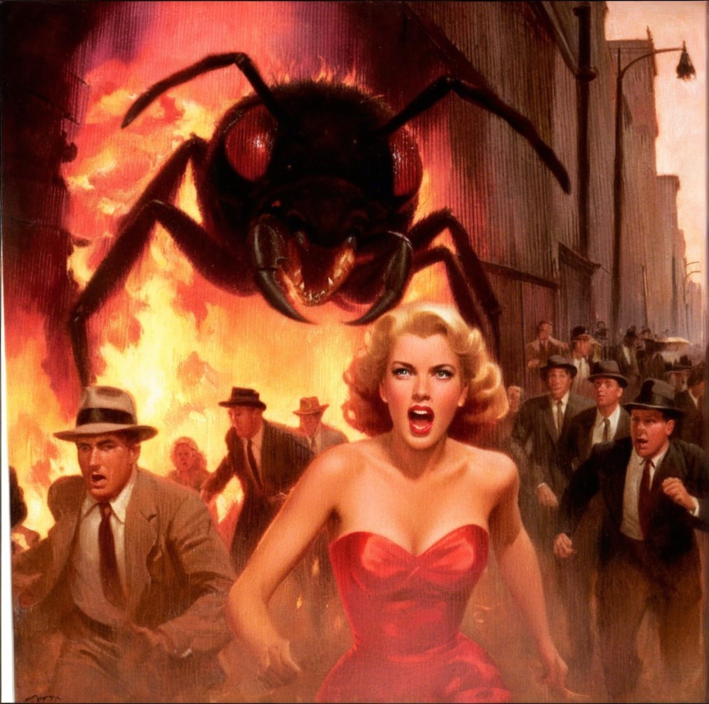 Blonde Woman in Red Dress Amidst Giant Ant Panic Scene