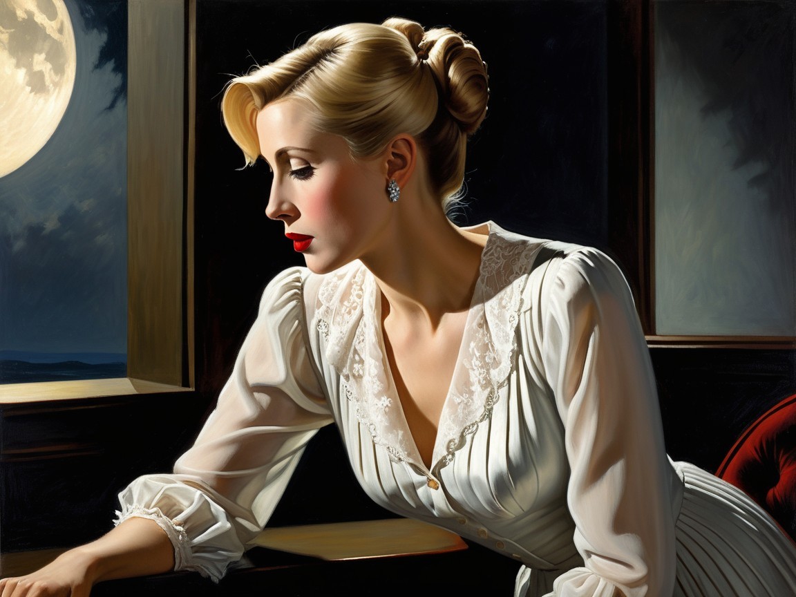 Woman in Vintage Dress Gazing Out Window at Moonlight