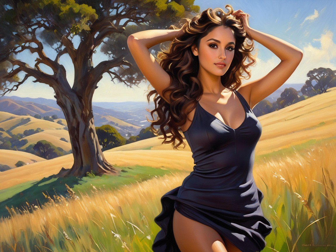 Young woman in black dress in sunlit landscape