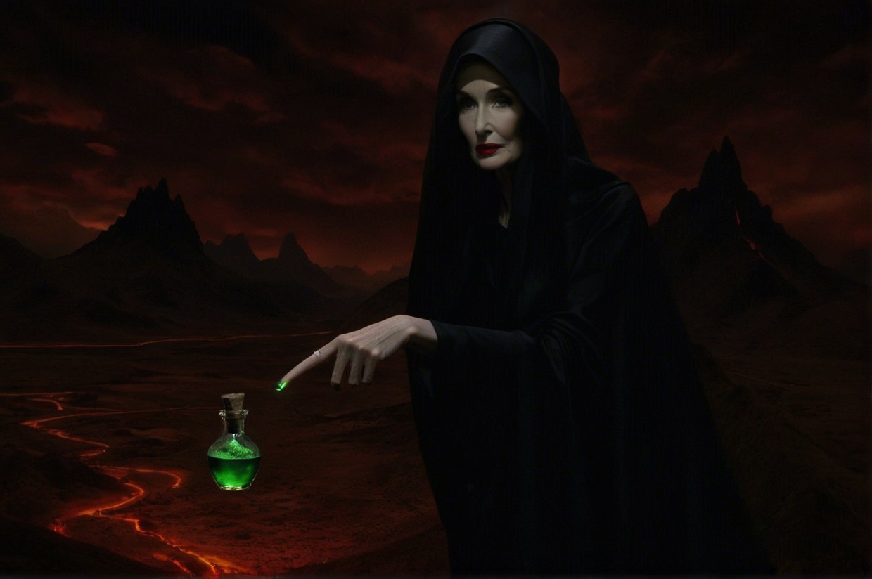 Mysterious Figure with Green Potion in Dark Landscape