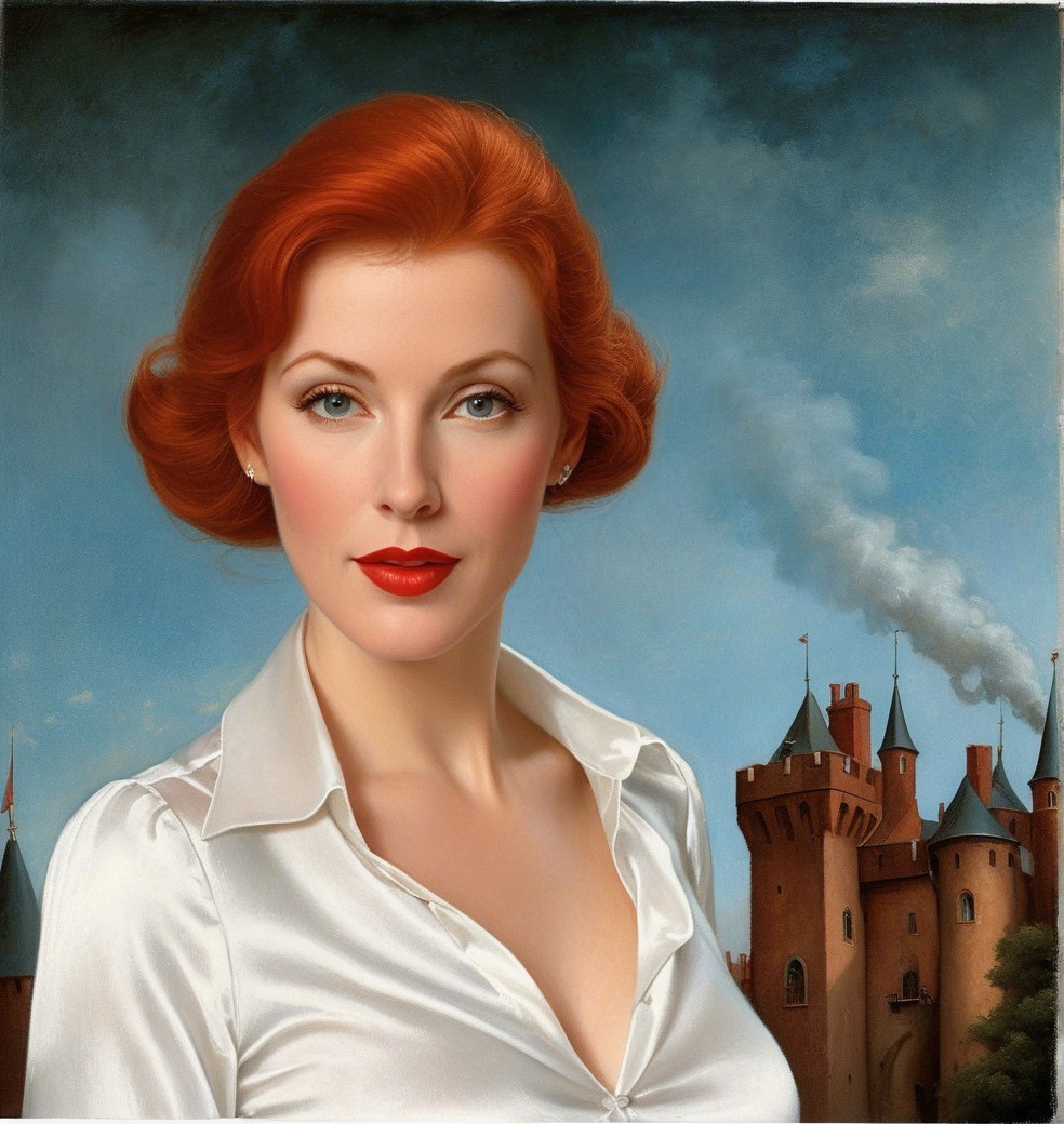 Portrait of a Woman with Red Hair and Castle Background