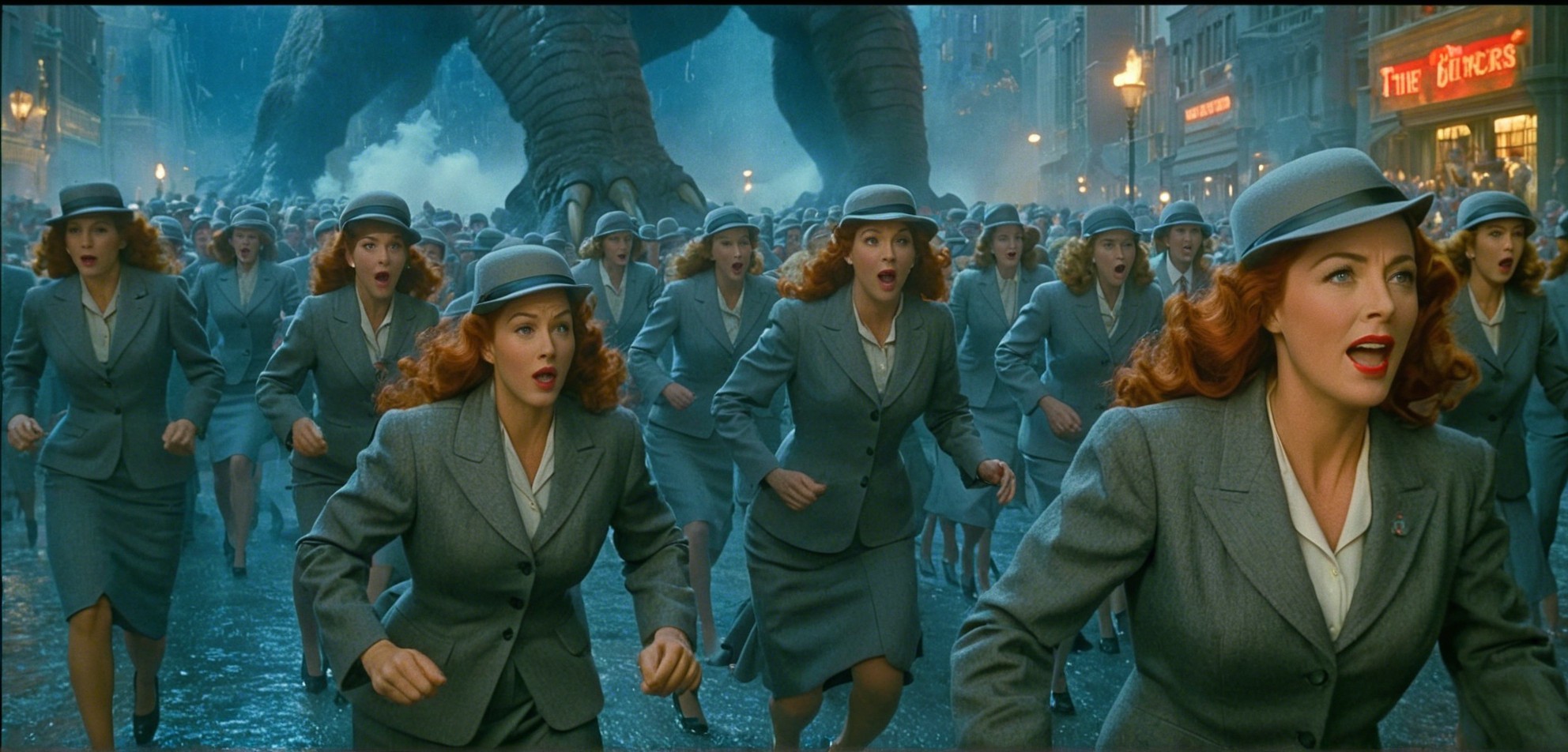 Crowd of Women in Gray Suits Fleeing from Creature
