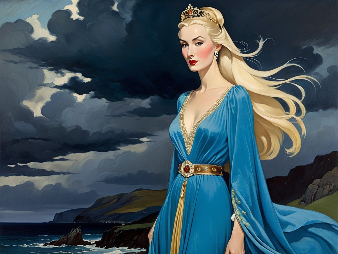 Regal figure in blue gown against dramatic sky