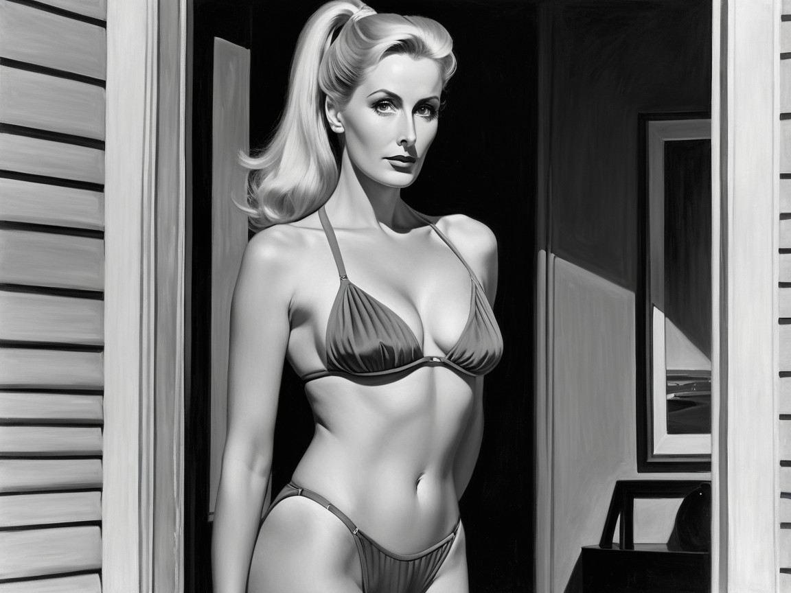Black and white image of a woman in a bikini doorway