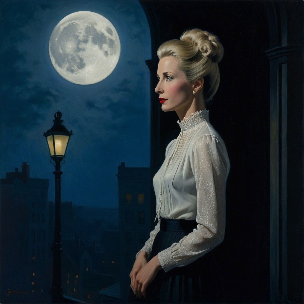 Elegant Woman in Vintage Attire Under Full Moonlight