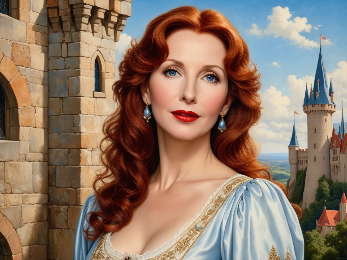 Regal Woman in Blue Gown with Castle Background
