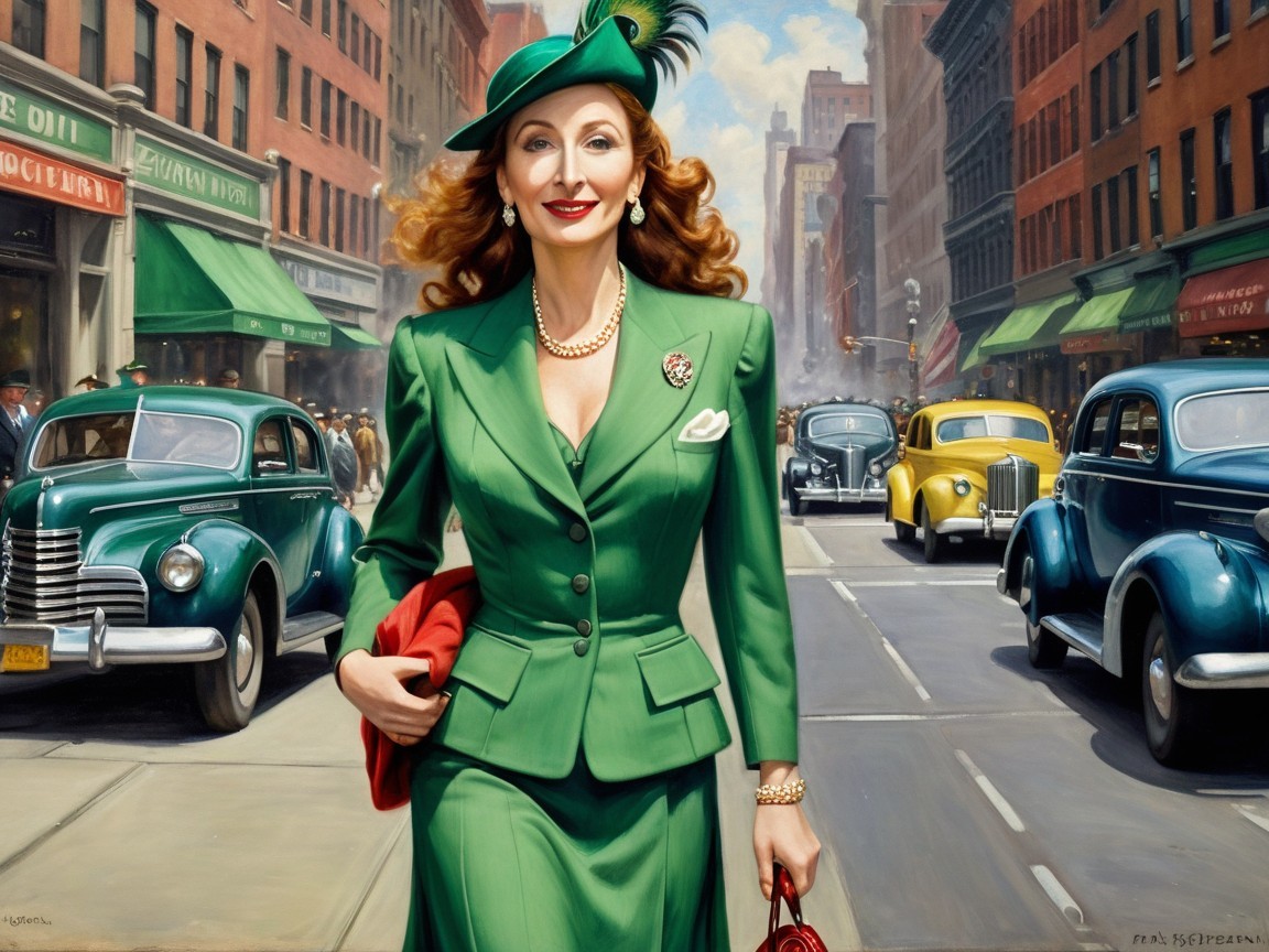 Fashionable Woman in Green Suit on City Street