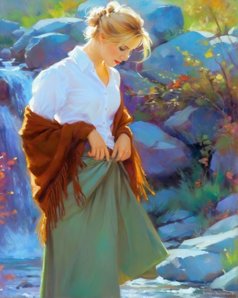 Young Woman by a Flowing Stream in Serene Setting