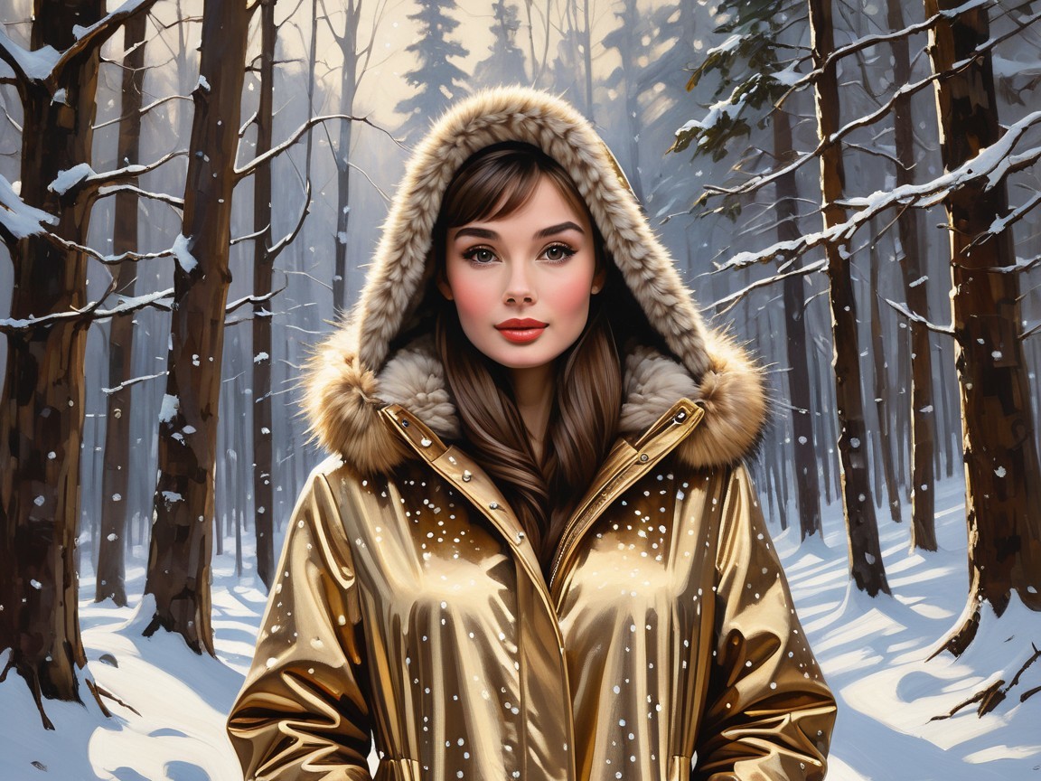 Young woman in golden coat in snowy forest setting