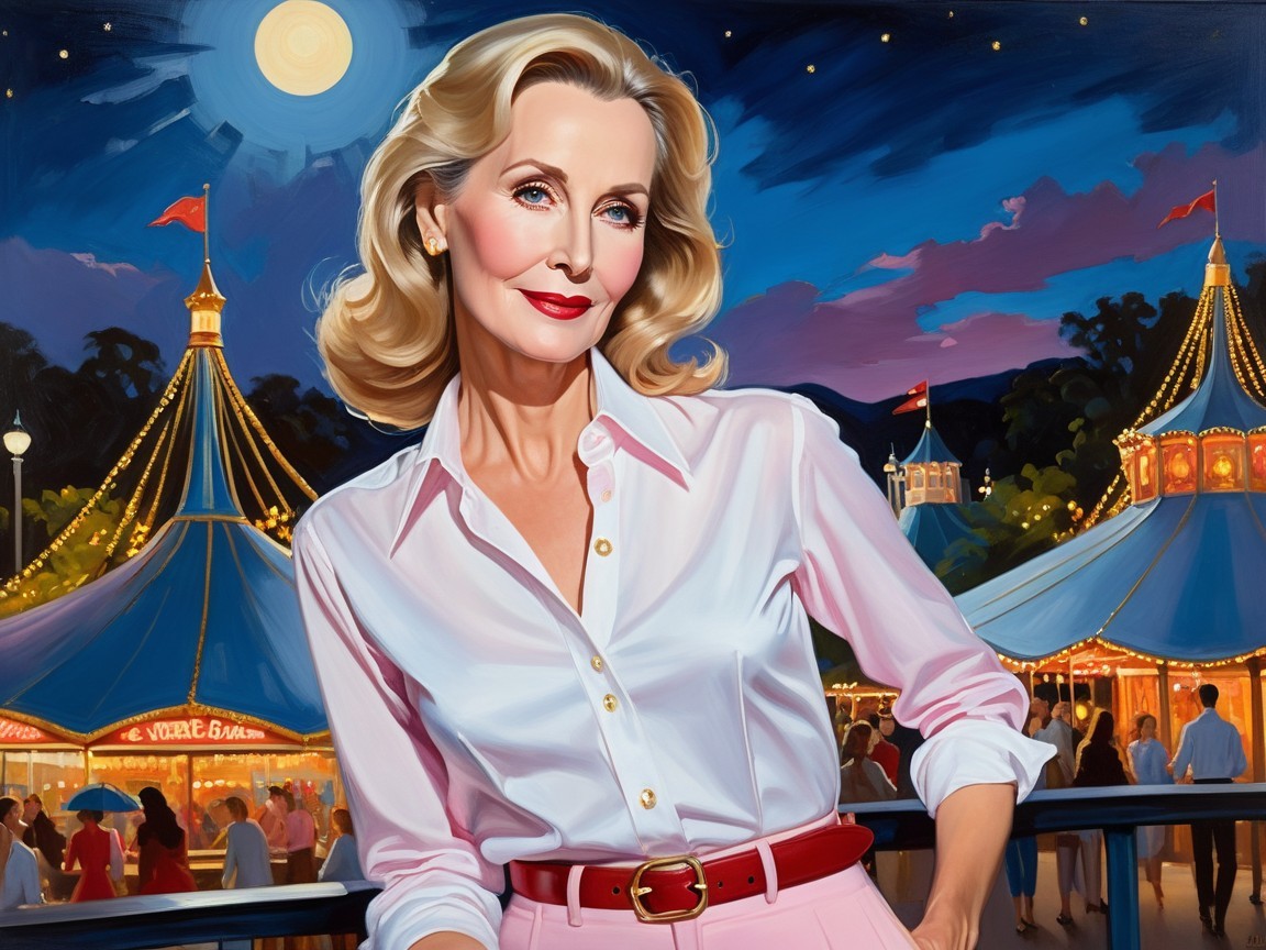 Glamorous Woman at Night Carnival with Festive Lights