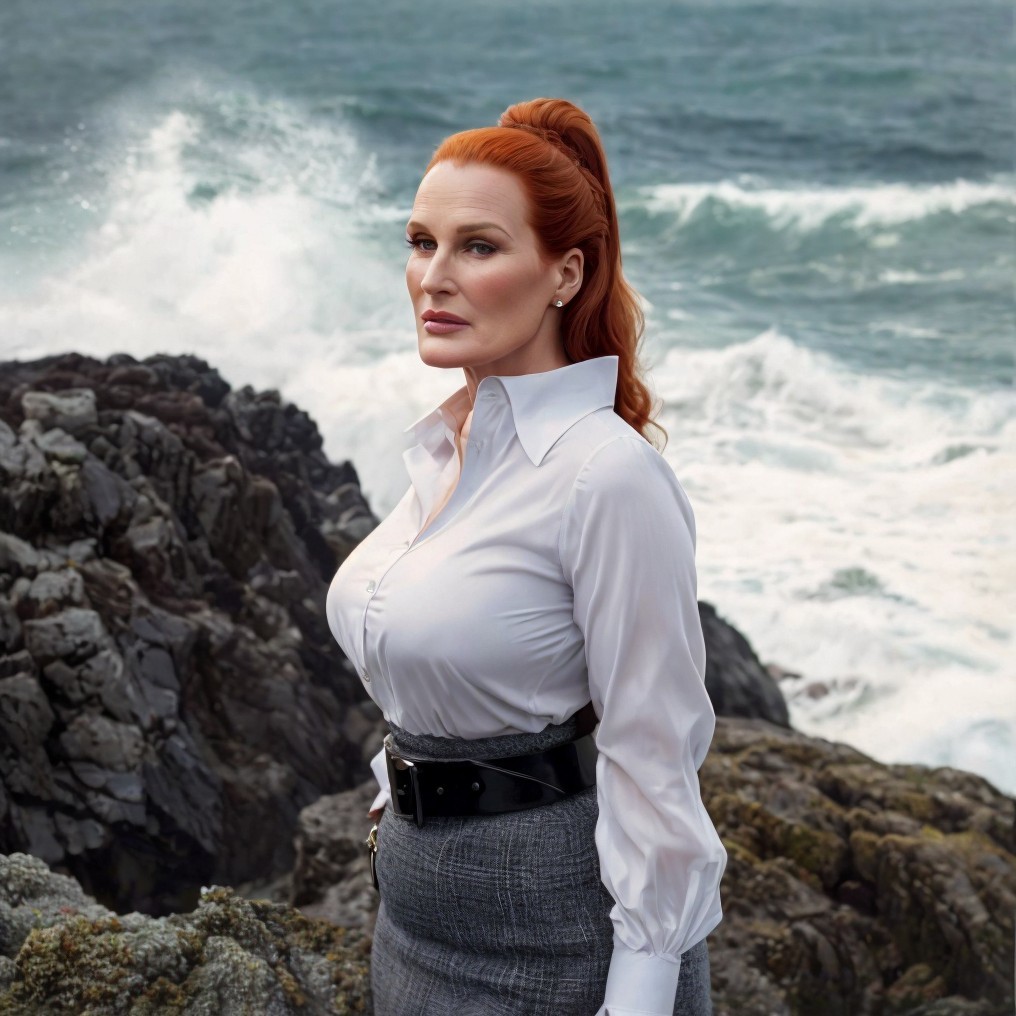 Woman with Red Hair on Rocky Shoreline with Waves