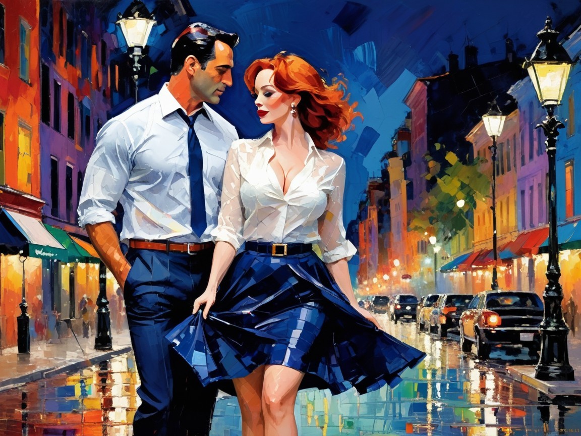 Stylish Couple Walking on Rainy Street at Night
