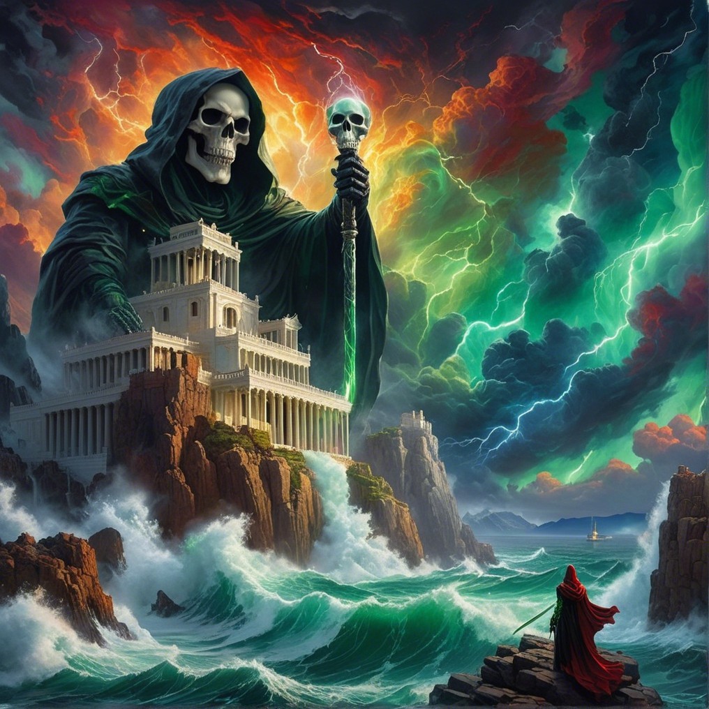 Skeletal Figure Overlooks Ancient Temple Amid Storm