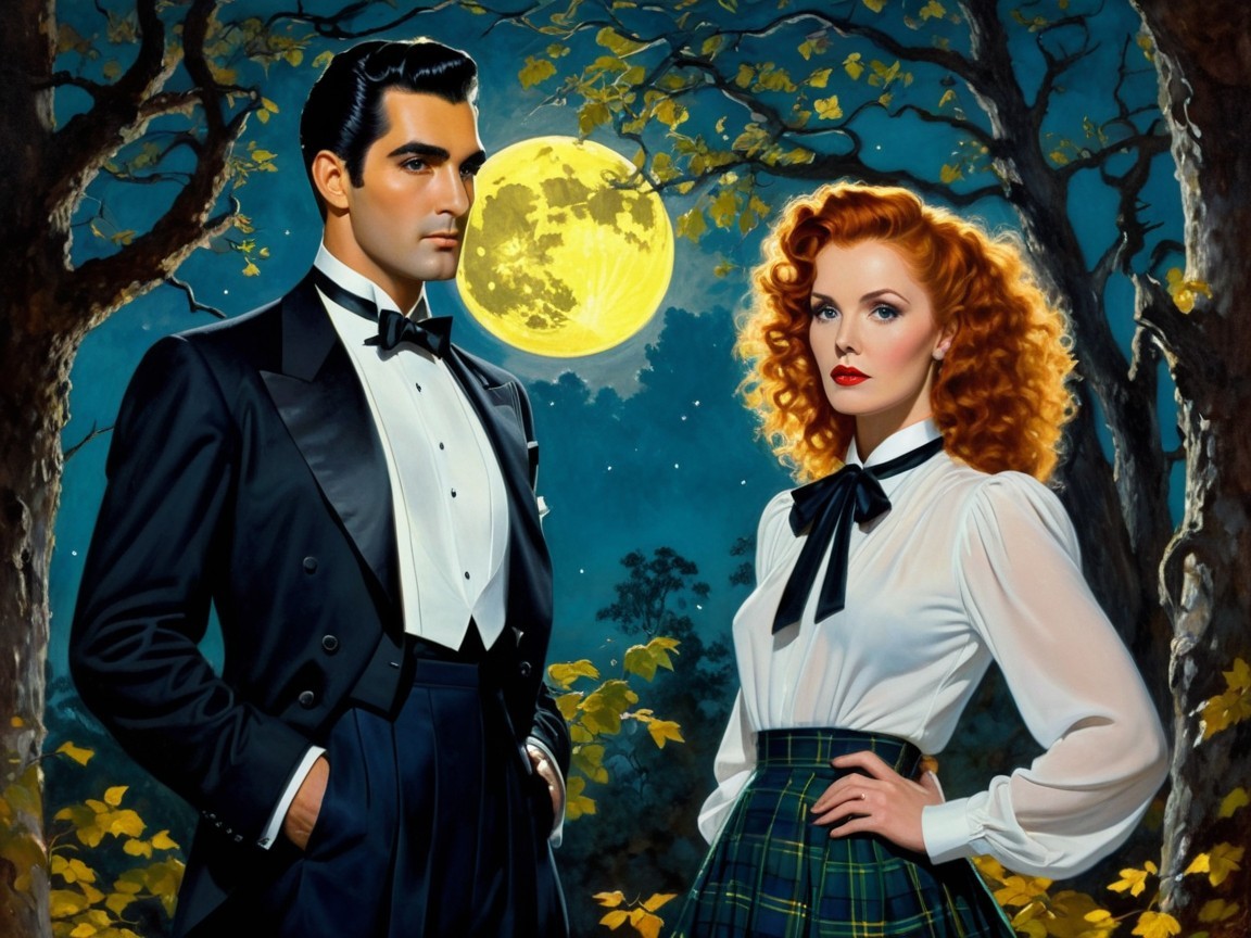 Stylish Couple in Moonlit Forest with Elegant Attire