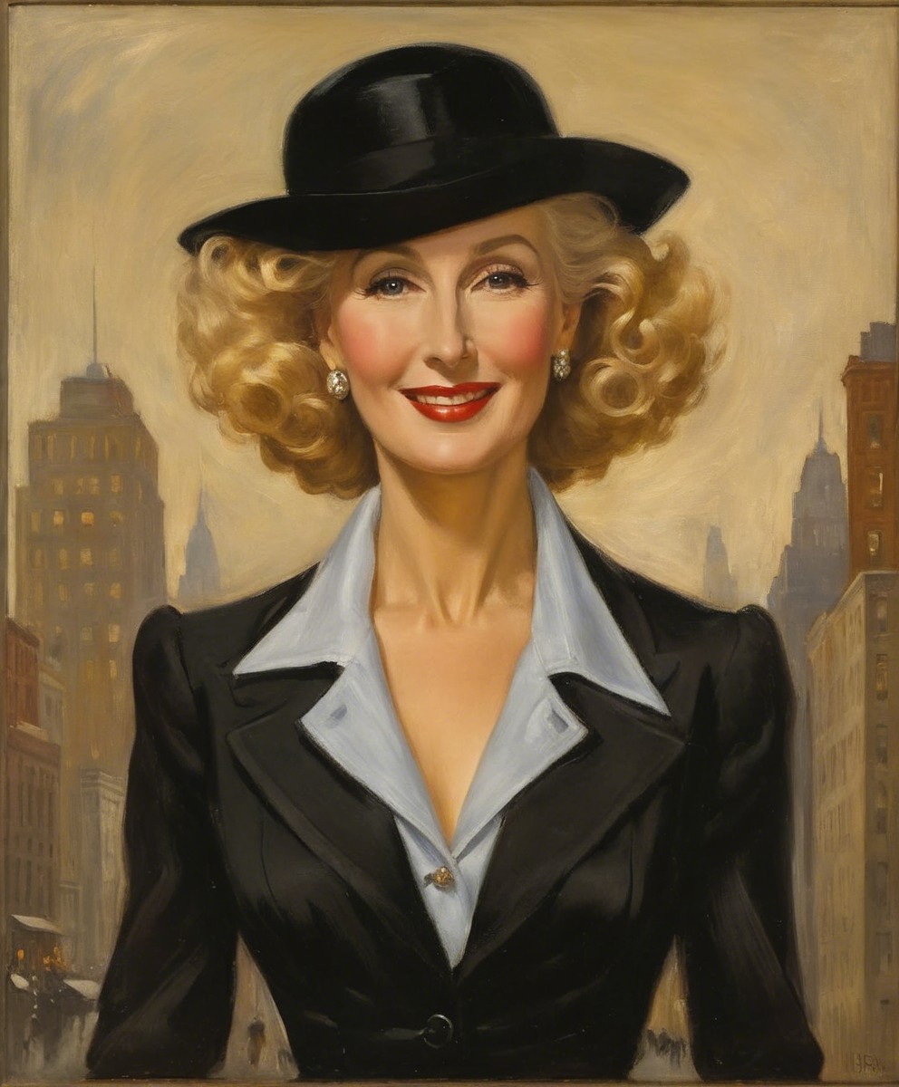 Glamorous Woman in Black Suit and Vintage Cityscape