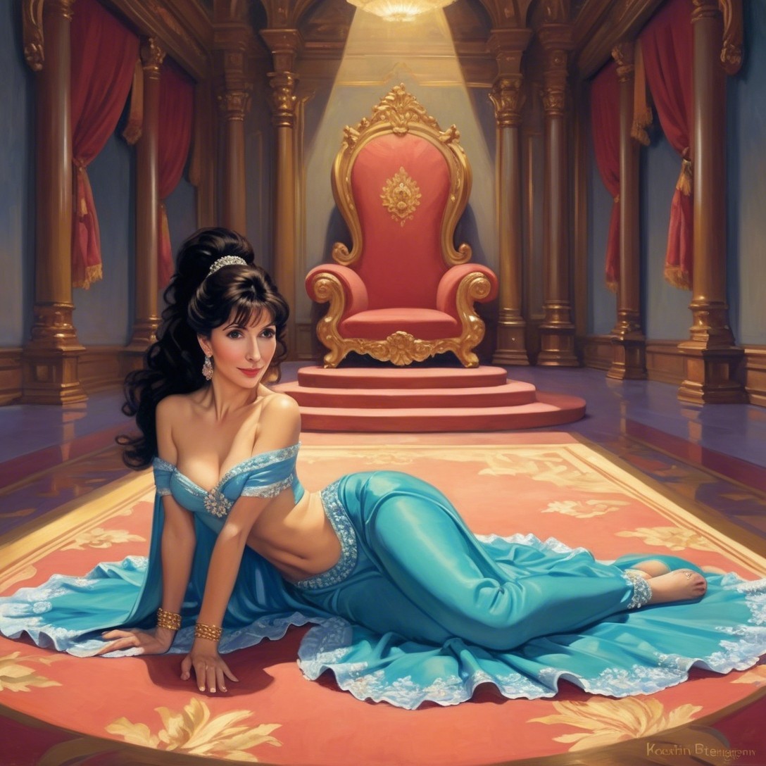Elegant Character in Turquoise Outfit in Opulent Palace