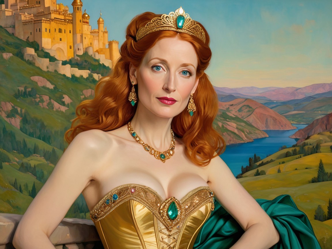 Regal Woman in Golden Gown with Castle Backdrop