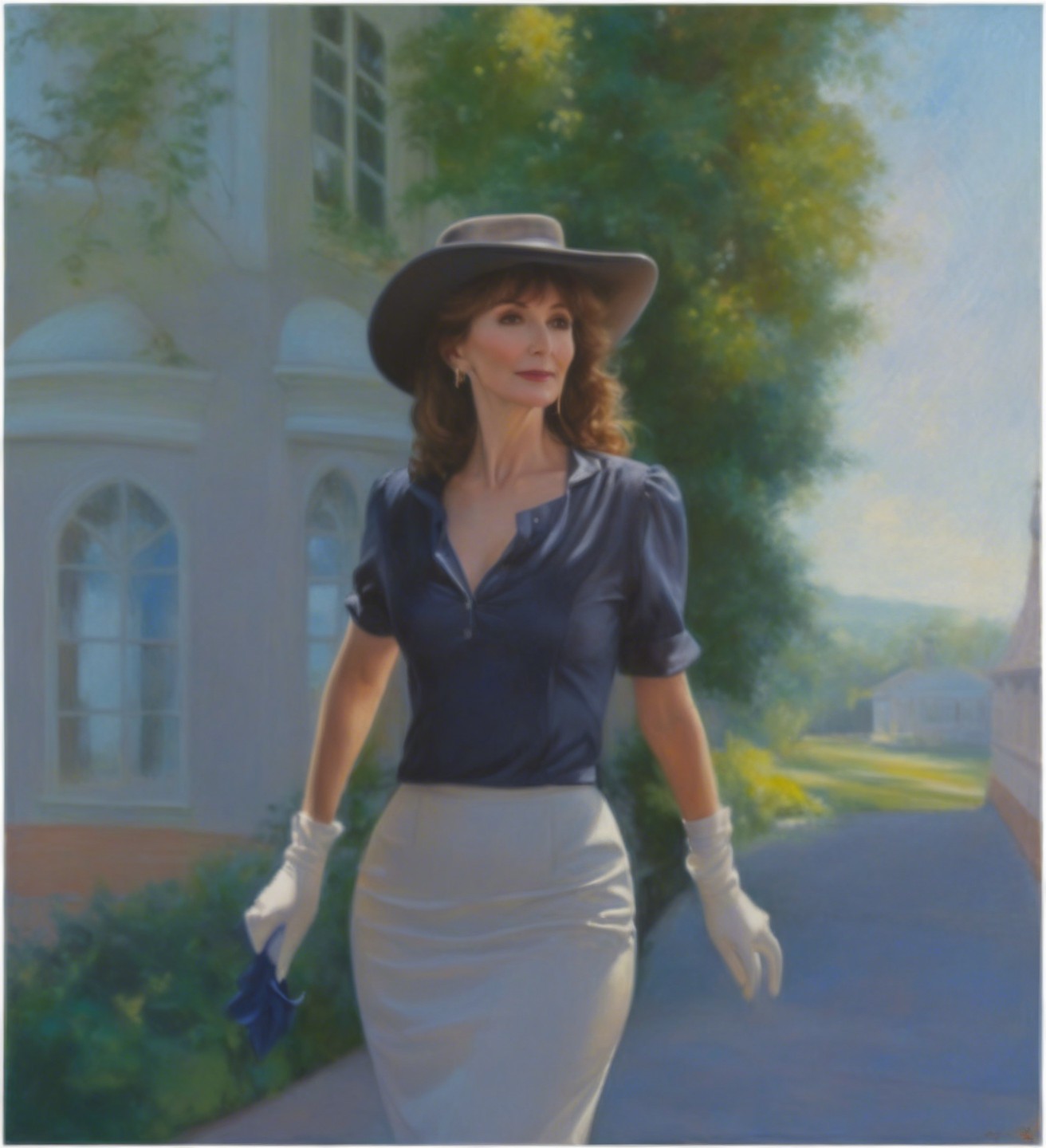 Elegant Woman in Navy Blouse and Cream Skirt