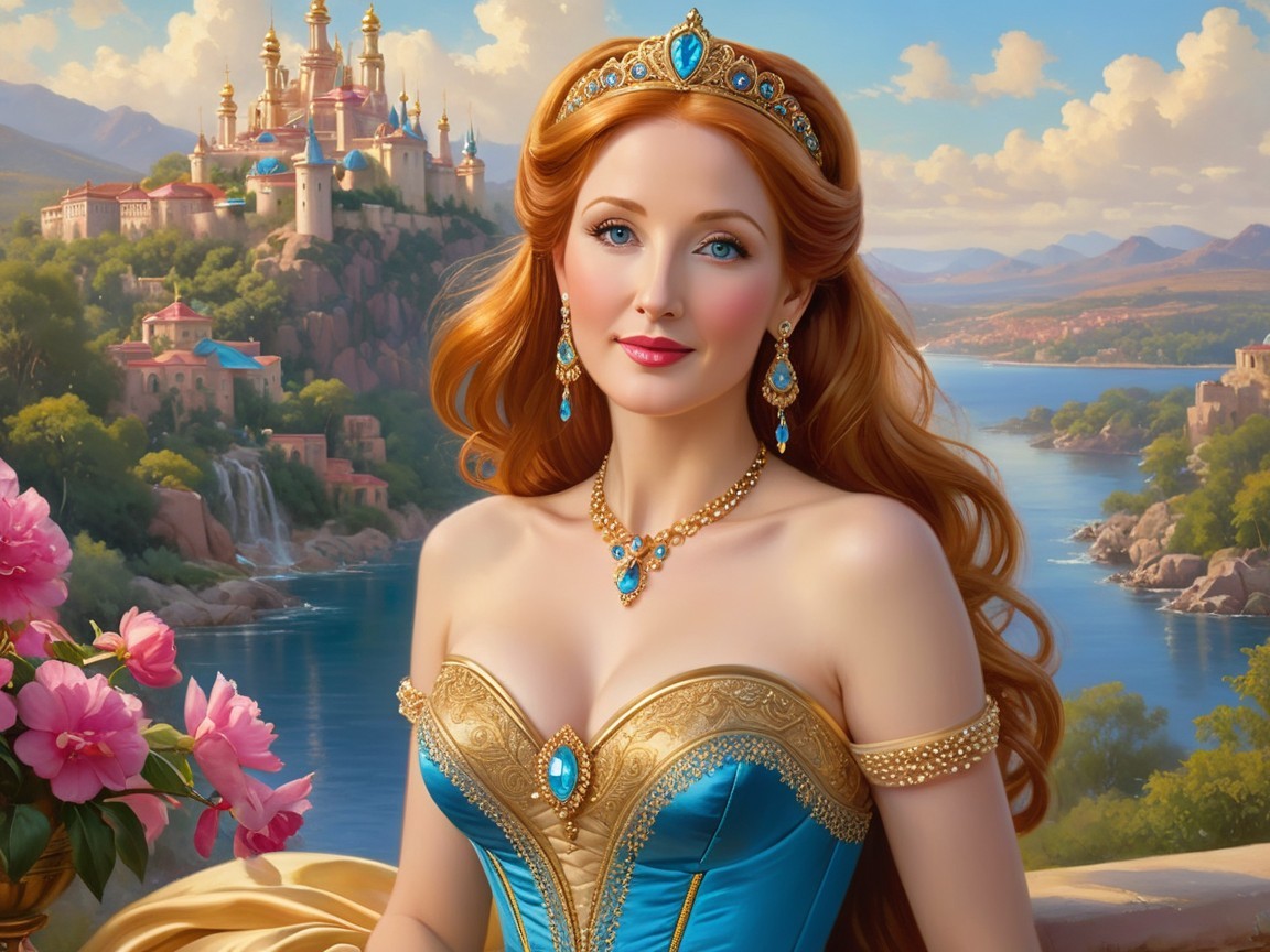 Princess in Turquoise Gown with Castle Background