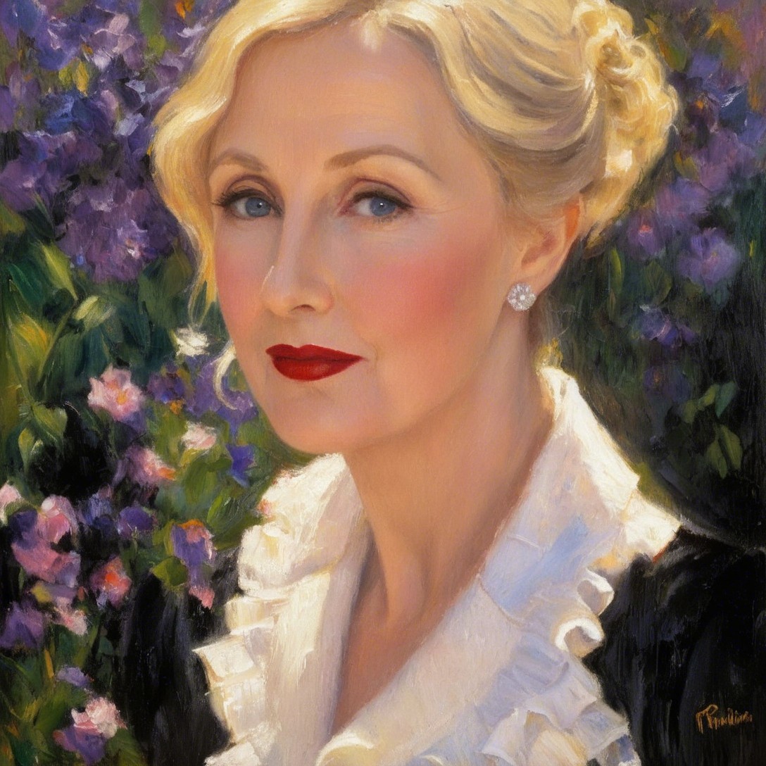 Elegant Woman in Black Dress with Purple Flowers