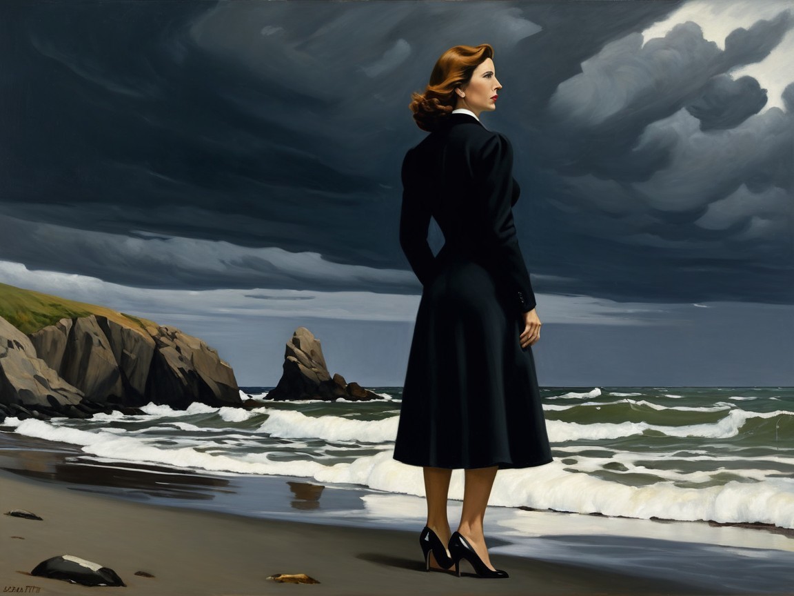 Woman in Elegant Dress on Rocky Beach with Waves