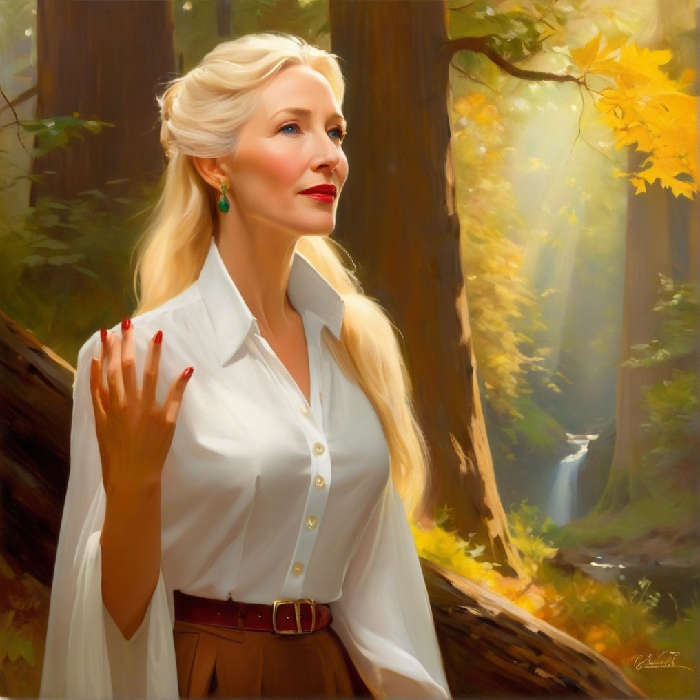 Woman in sunlit forest with autumn leaves and waterfall