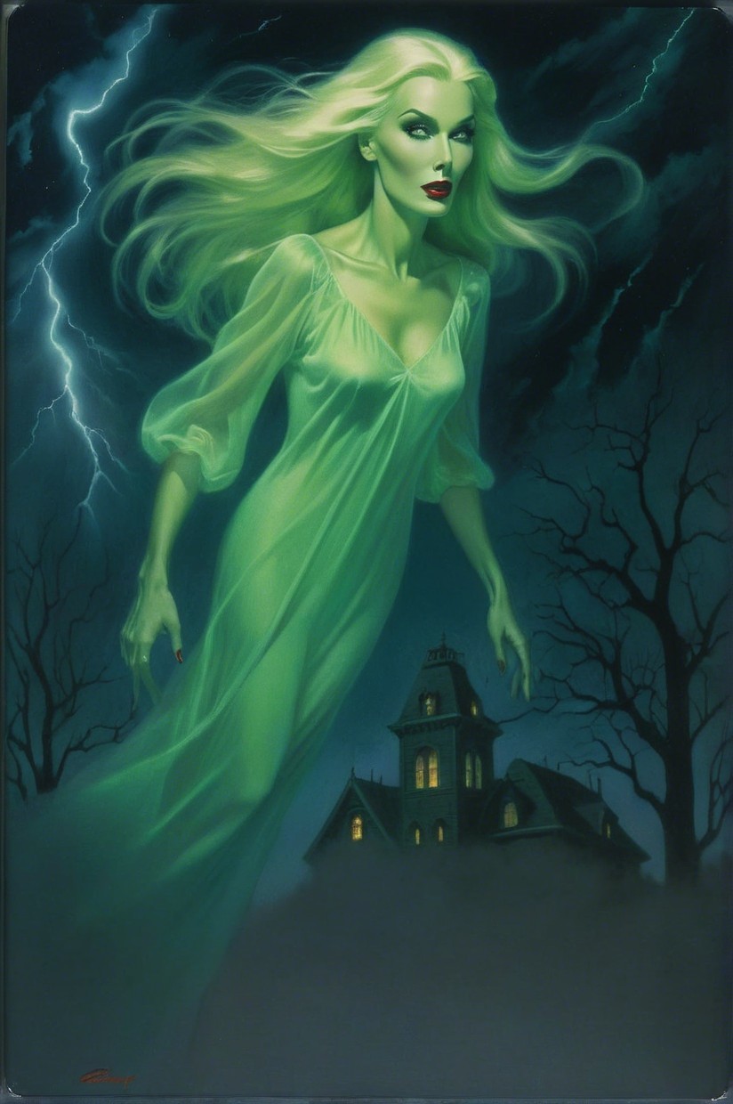 Spectral Figure in Ethereal Gown Over Misty Landscape