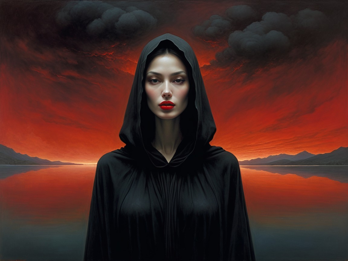 Woman in Black Cloak Against Dramatic Sunset Background
