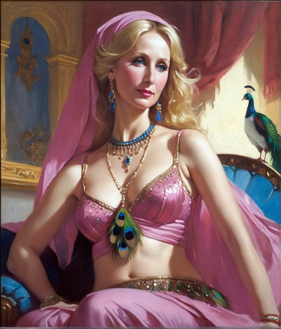 Elegant Woman in Pink Attire with Peacock and Jewelry