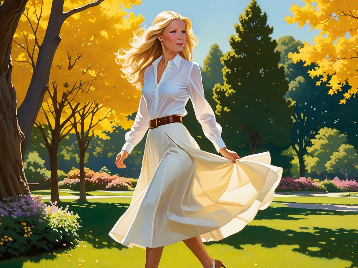 Woman in Autumn Park with Flowing White Outfit