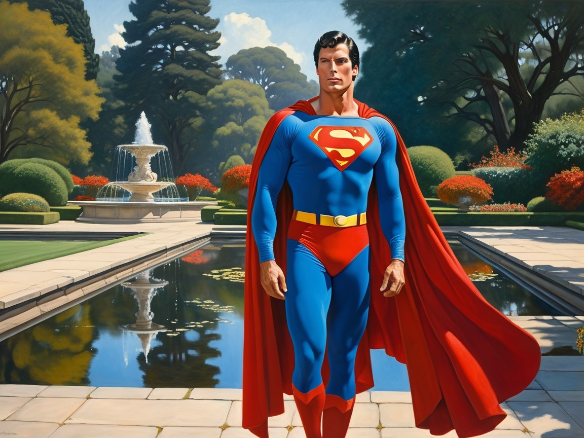 Heroic Figure in Vibrant Garden with Fountain