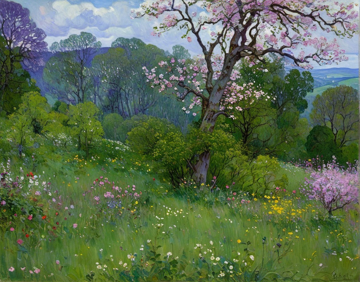 Vibrant Landscape with Blossoming Tree and Wildflowers