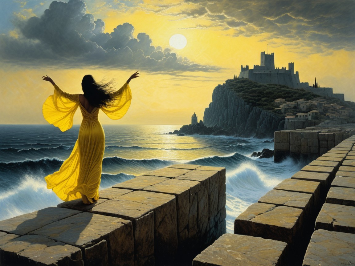 Woman in Yellow Gown by Ocean at Sunset