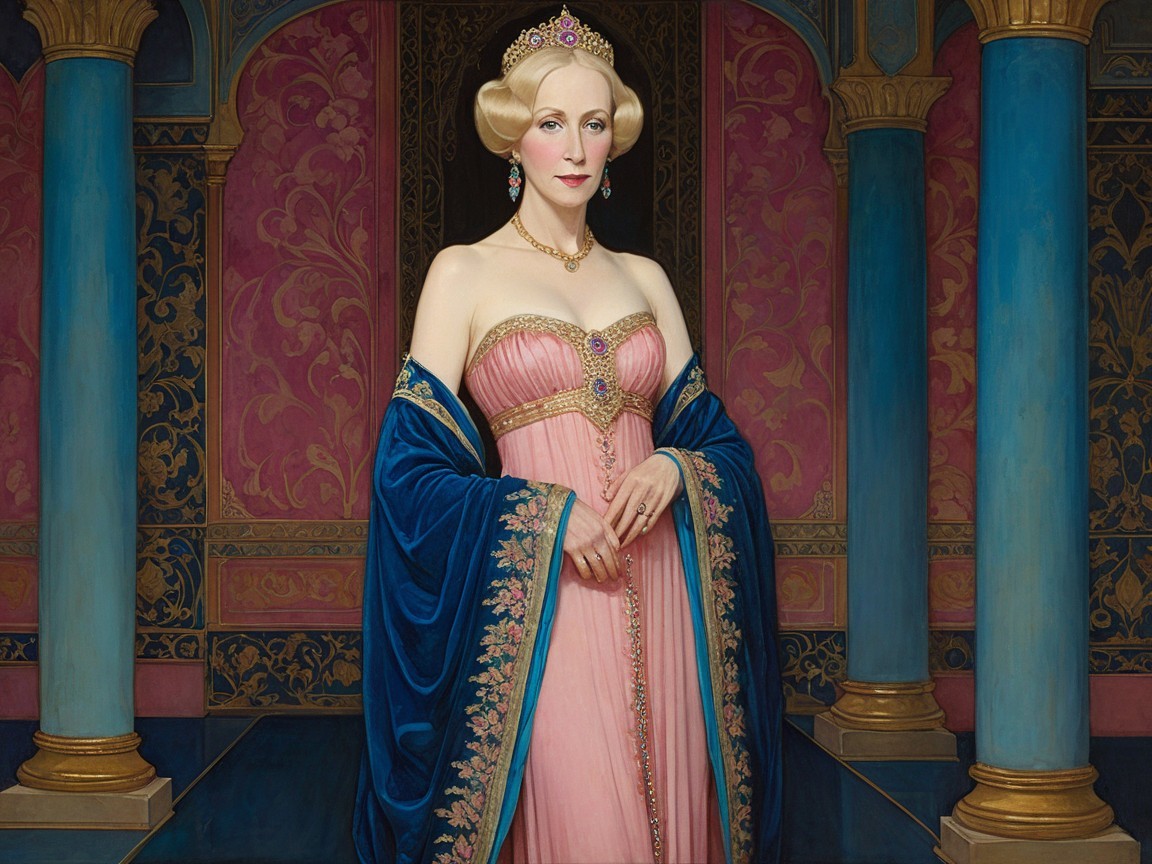 Regal Woman in Lavish Room with Pink Gown and Tiara
