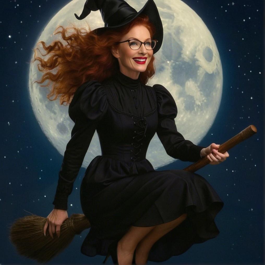 Witch Flying on Broomstick Under Full Moon Night Sky