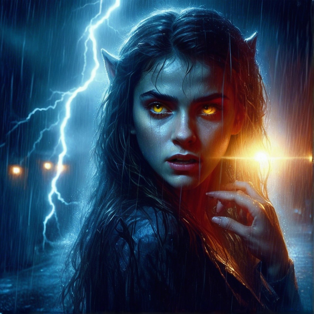 Young woman with pointed ears and glowing eyes in storm